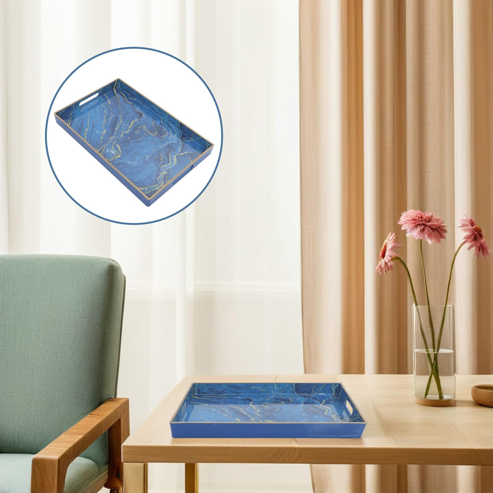 Garneck Bandeja Rectangular Decorativa de Plástico con Efecto Mármol Azul, Bandeja Organizadora para Baño y Centro de Mesa, Adecuado para Servir Desayuno y Exhibición, Diseño Resistente