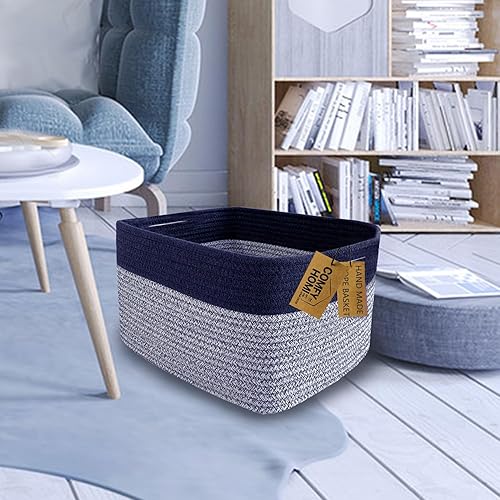 Miniatura 2 de COMFY-HOMI Cesta rectangular de cuerda de algodón con asas para estantes, juguete para perros, regalo para bebé, azul oscuro (13.5 x 11 x 9.5