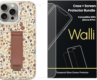 Walli Bundle for iPhone 16 Pro Aesthetic Wallet Case with Card Holder, Kickstand & Finger Strap + Military-Grade 9H Tempered Glass Screen Protector | Cute, Durable & Functional Protection