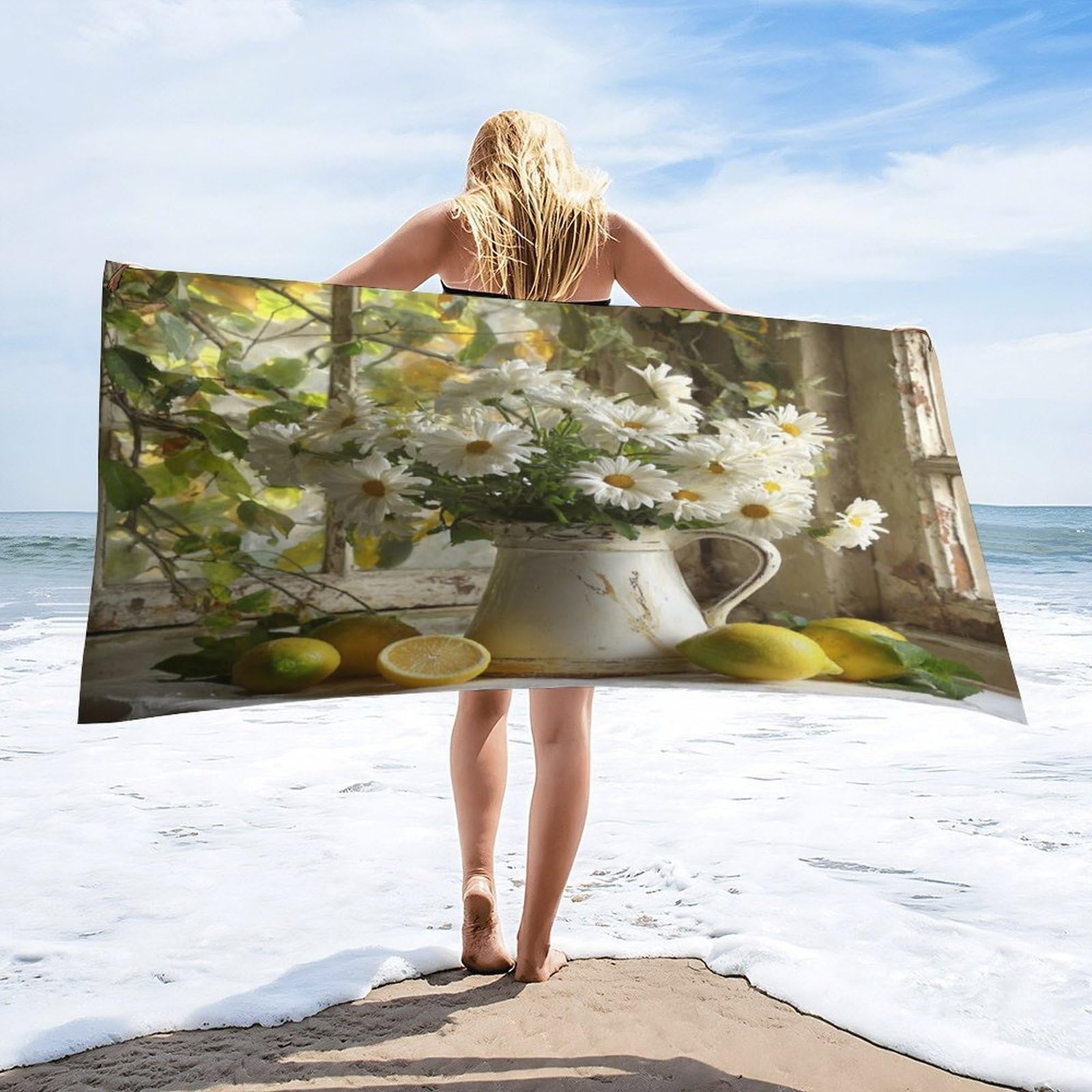 Luyysky Vintage Colorful Fruit Lemon Quick-Drying Beach Towel, Retro Realistic Spring Window Landscape Plant Daisies Flowers Travel Vacation Single Sided Pile Bathroom Towels-80 W Cm X 160" L Cm