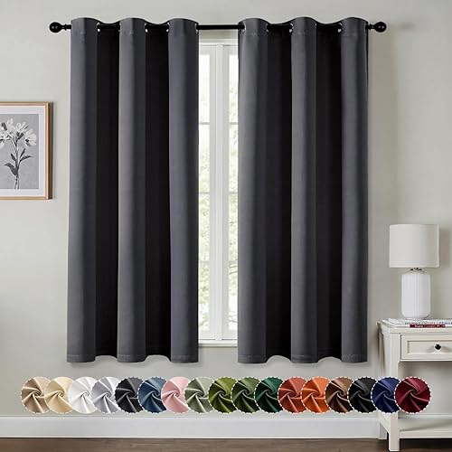 MIULEE Dark Grey Blackout Curtains for Bedroom Living Room 63 Inches Long 2 Panels, Thermal Insulated Room Darkening Drapes Solid Grommet Noise Reduction Light Blocking Window Treatments 40x63 Inch