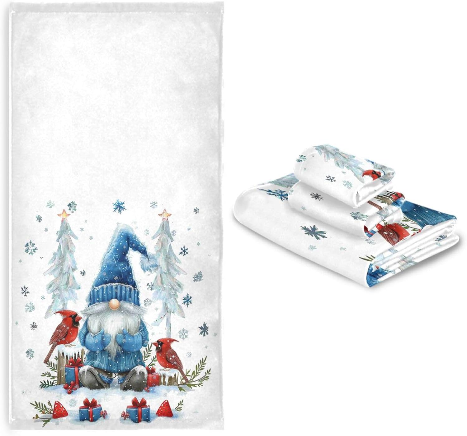 Dussdil Blue Winter Gnome Cardinals Bathroom Towel Set of 3 Pcs Snow Hand Fingertip Bath Towels for Home Bathroom Hotel Gym Swim Washcloth Soft Thin Durable Highly Absorbent Multipurpose Decor