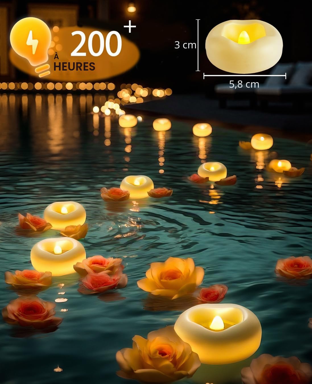Lot de 300 bougies flottantes de 5,1 cm, 200 heures activées par l'eau, blanc chaud, alimentées par piles, pour centres de table, baignoire, piscine, fontaine