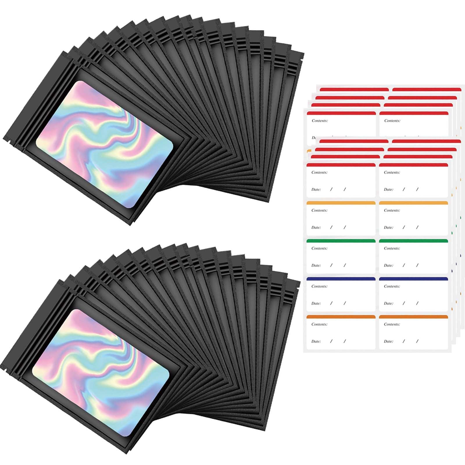 Gudemoore Clear With Holographic Rainbow Finish 100 Pack Resealable Mylar Bags,Small Holographic Bags With 80 Pcs Label Stickers,Foil Bag,Weed Bags For Snacks,Jewelry, Eyelash, Small Business (Black, 2.95 * 4.72Inch)