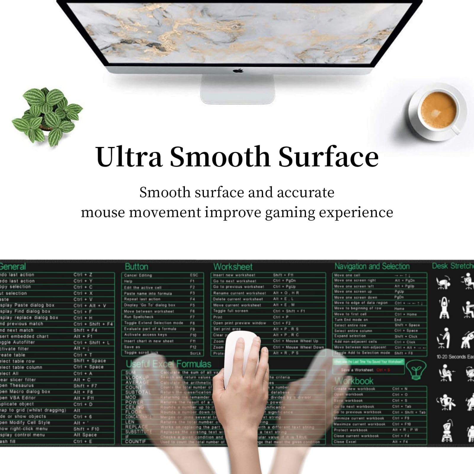 Excel Shortcuts Keys - Alfombrilla para mouse (31.5 x 11.8 pulgadas, XL, bordes cosidos antideslizantes, de goma)