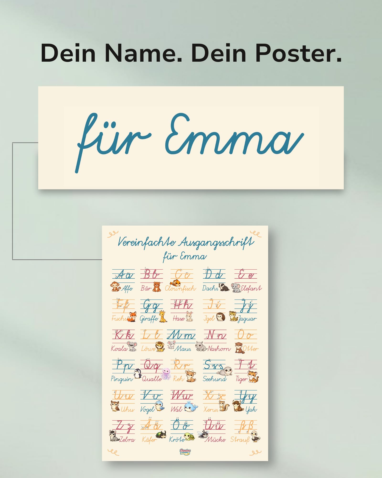 Personalisiertes ABC Schreibschrift Lernposter A2 - Vereinfachte Ausgangsschrift (VA) - Alphabet Poster mit Groß- und Kleinbuchstaben für die Grundschule - mit Wunschname