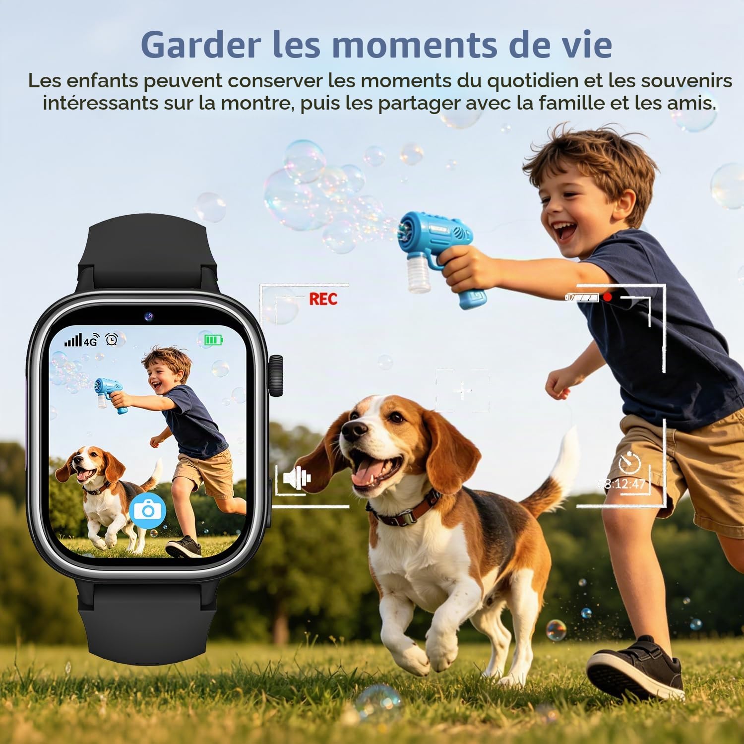 4G Montre Connectée Enfant avec GPS et Visiophonie, Smartwatch Enfants avec Appels, Chat Vocal, SOS, Mode École, Étanchéité IP68, Podomètre, Réveil, Cadeau pour Filles et Garçons de 4 à 15, Noir