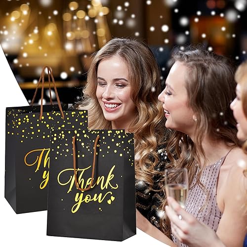 Miniatura 6 de COGLARING 20 bolsas de regalo de papel de agradecimiento negras y doradas con asas, tamaño mediano para bodas, venta al por menor, regalos de