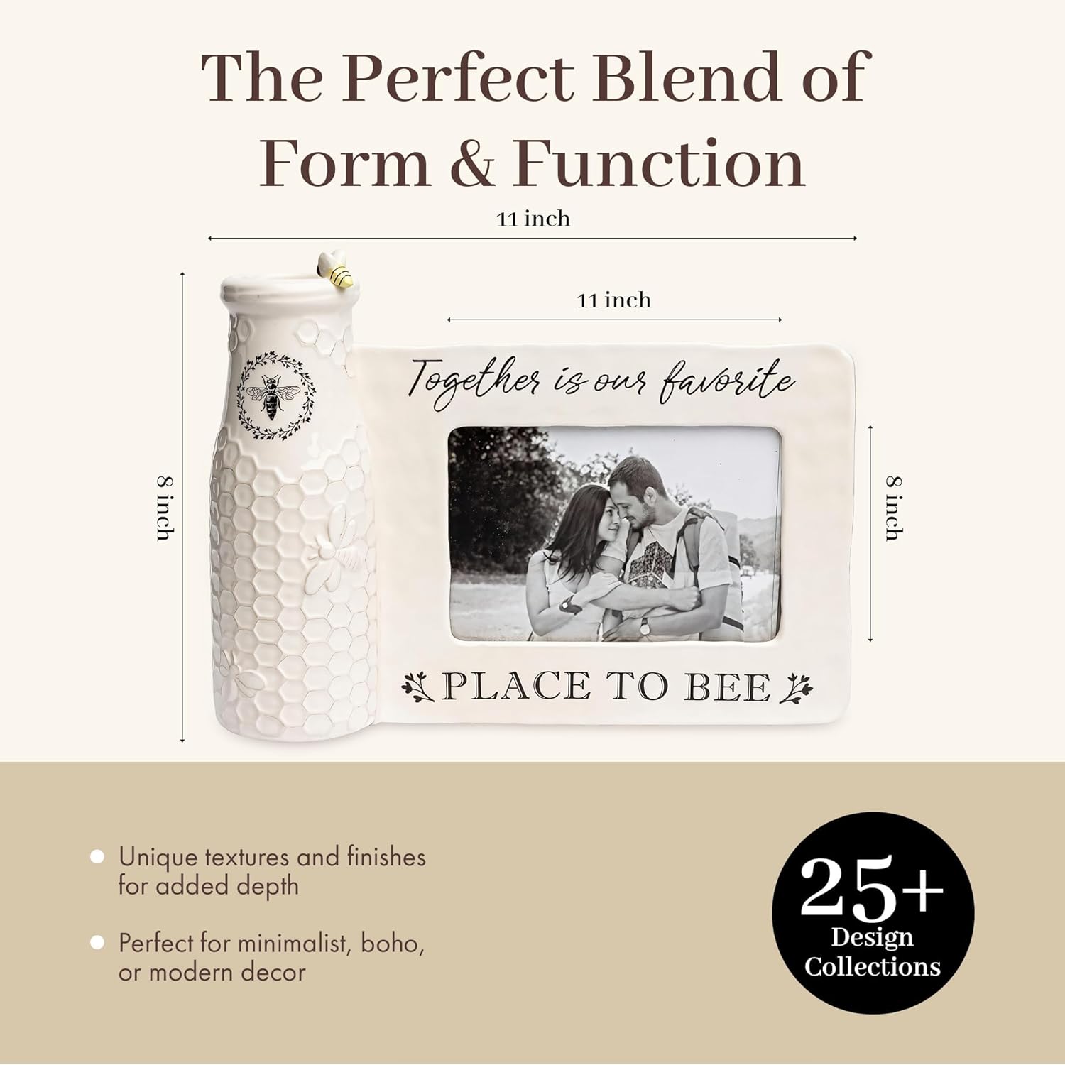 youngs Inc Ceramic Bee Vase w/Photo Frame, White, Black, 11.25" Length x 3.00" Width x 8.00" Height - Image 4