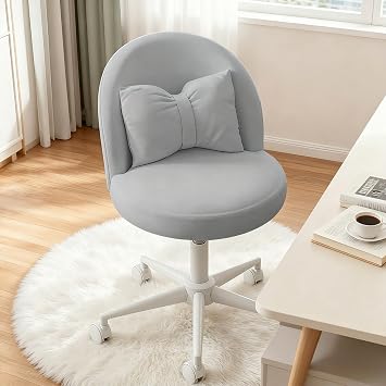 Velvet Vanity Chair with Bow Pillow, Adjustable Height Desk Chair with Wheels, 360 Swivel Task Chair Mid-Back Armless Makeup Chairs for Bedroom