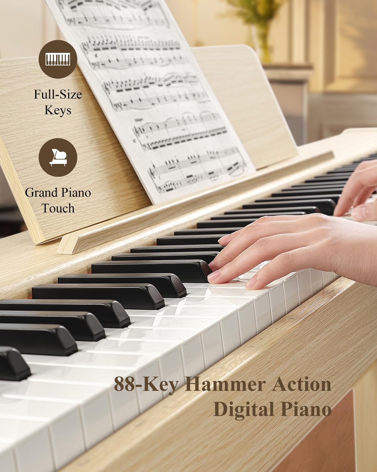 Eastar EUP-110 Digital Piano 88 Tasten mit gewichteter Klaviatur, E-Piano in voller Größe für Anfänger, mit Kopfhörer, Display, 3 Pedalen, Aufnahmefunktion & kabelloser Verbindung – Farbe Hellholz