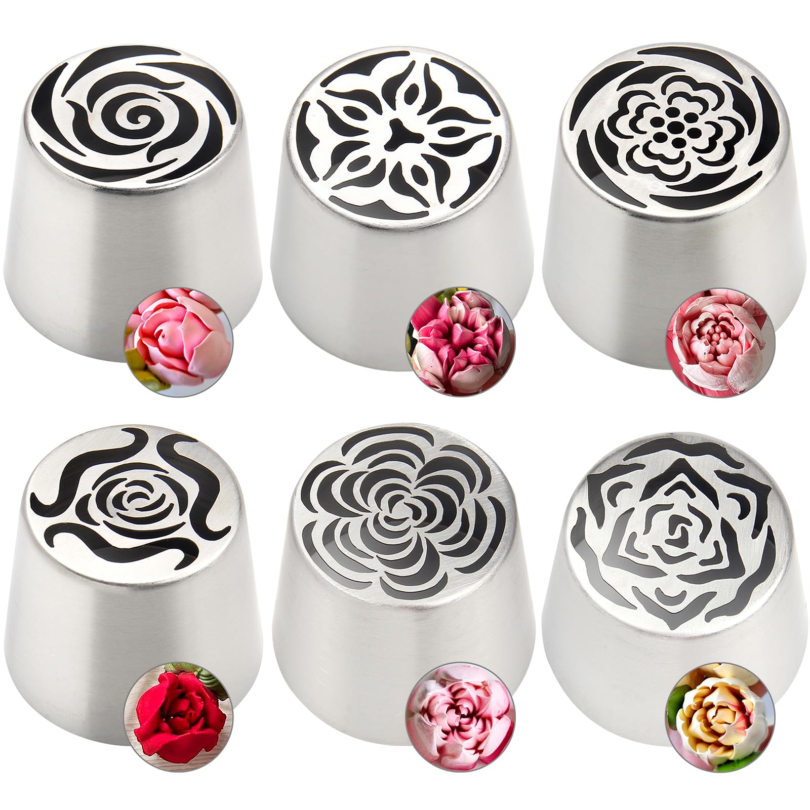 Baipesiy 6Pack Extra Large Flower Russian Piping Tips Set, Stainless Steel Rose Tulip Icing Tips For Cake Decorating, Floral Piping Tips Flower Bouquet For Cookies Desserts Baking Tool(XXL,6A)