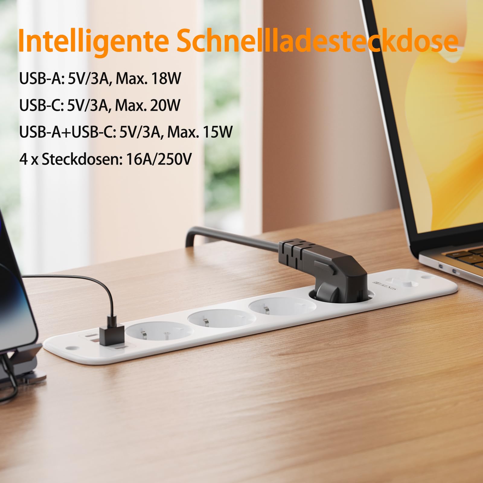 Regleta de mesa plegable con 4 enchufes y 4 puertos USB (2 USB A + 2 Type-C) y interruptor, enchufe de montaje para mesa con cable en espiral de 2 m, 4000 W/16 A, para oficina, oficina en casa — view 3
