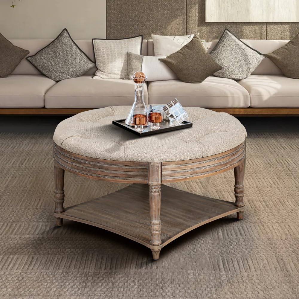 Large Round Waterproof Ottoman Coffee Table 2 Tier Oversized Button Tufted with Wooden Shelf Storage Farmhouse Upholstered Coffee Table Living Room Footstool Linen (Gray+ Khaki)