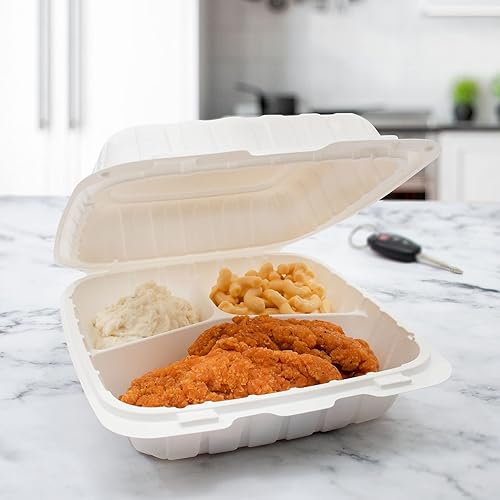 Miniatura 2 de DART ProPlanet - Recipientes para llevar con tapa con bisagras ecológicos rellenos de minerales, tamaño de 9 pulgadas, 3 compartimentos, 150