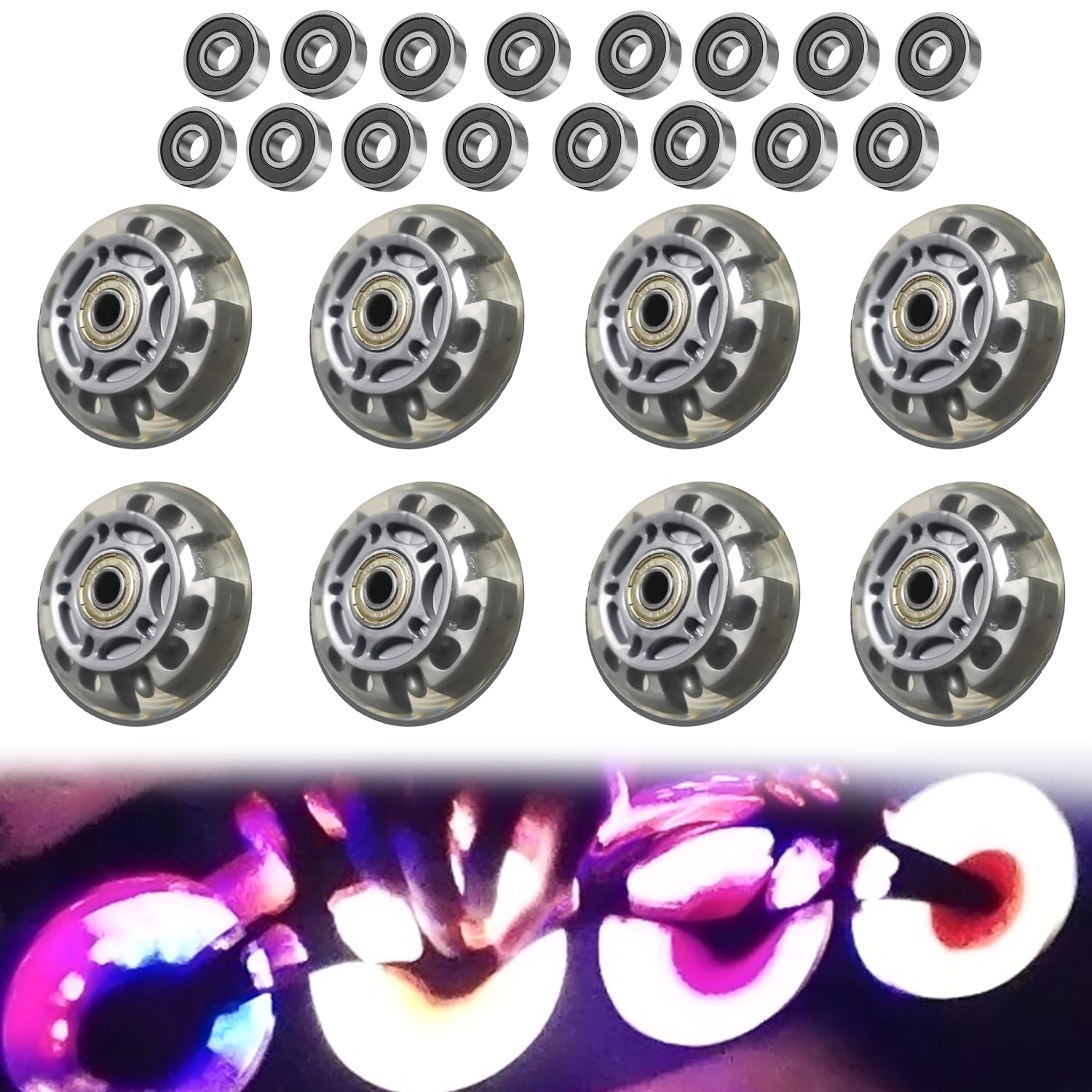 8 pièces Roues alignées, 72 mm roues inline transparentes argentées, pièces de patin à roulettes avec 16 roulements à billes, universel pour tous les types de patins à roulettes