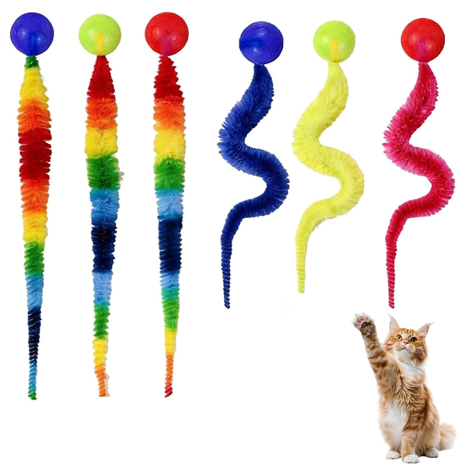 QhgPnt 6 Pcs Cat Worm Toy, Interactive Magic Worm Bouncy Cat Ball, Cat Exercise Toys, Cats Teaser Toys, Colourful Cat Worm Toys for Indoor Cats, Fun Exercise and Bonding Toys for Playtime
