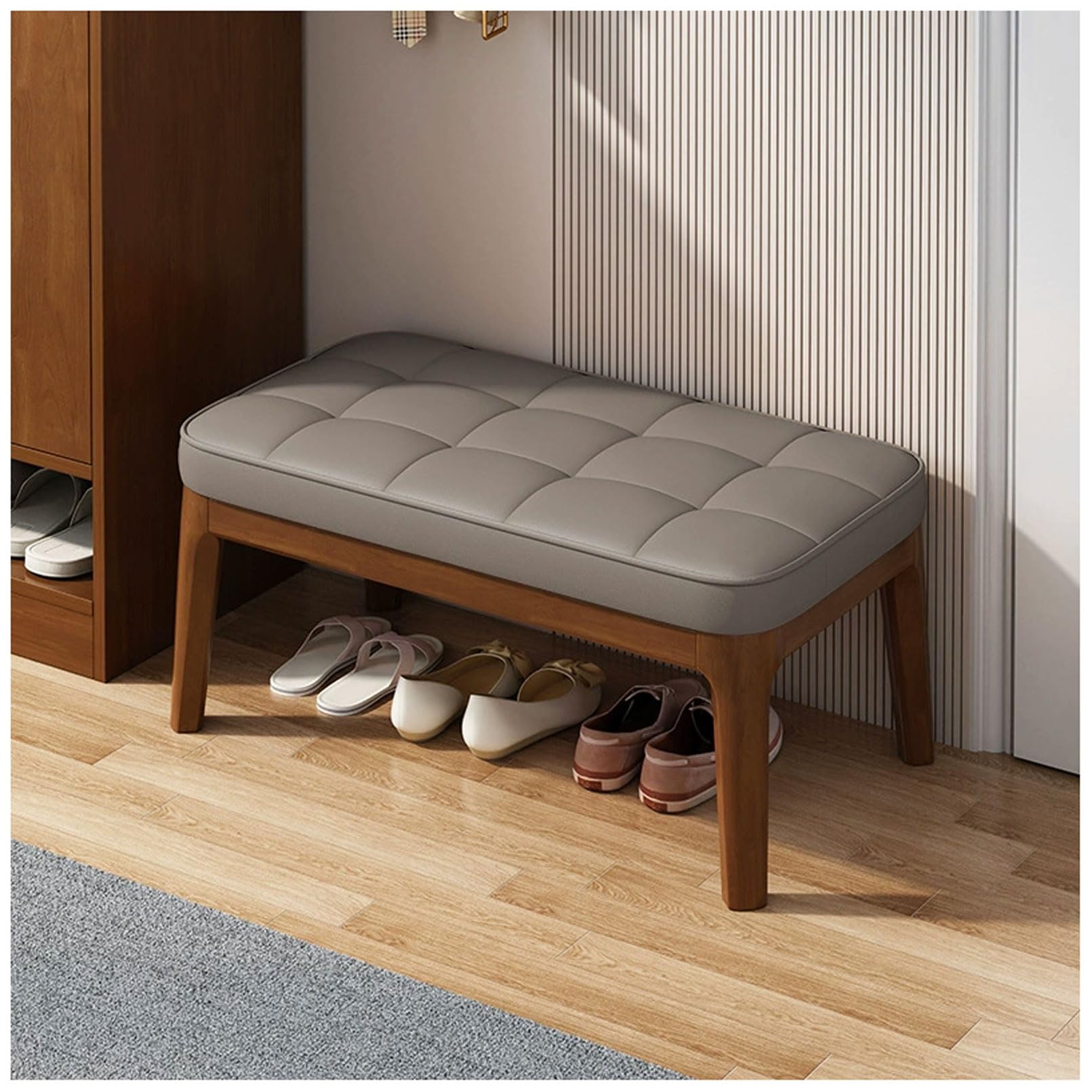 Banco de zapatos de madera con cojín de cuero y tela, taburete de entrada soporta hasta 300 libras, elegante asiento de pasillo, 20 pulgadas de largo x 12 pulgadas de ancho x 15 pulgadas de alto