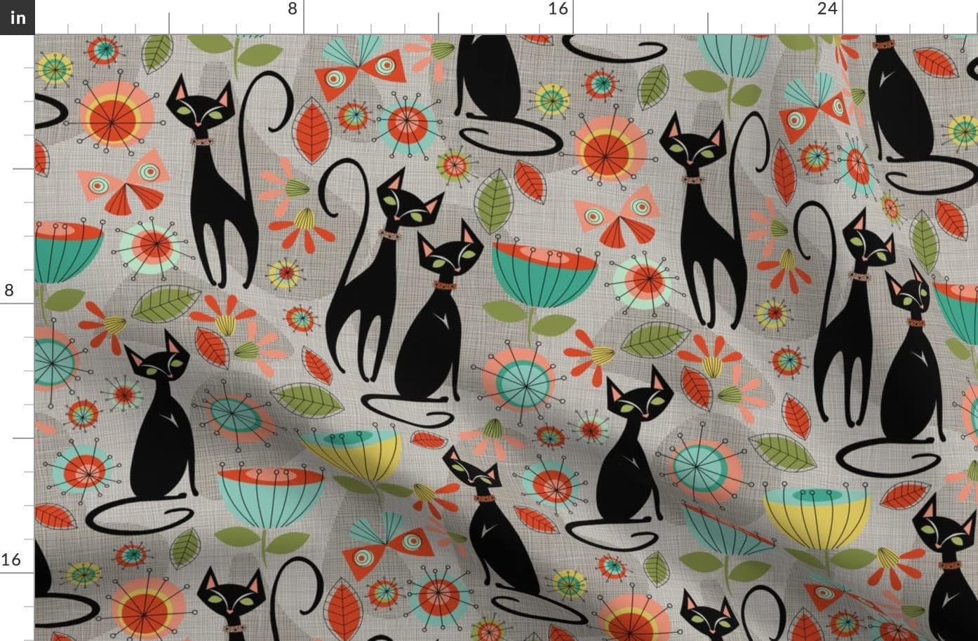 Spoonflower Fabric - 50'S Retro Cats Grey Vintage Feline Kitsch Black Cat Printed on Organic Cotton Sateen Fabric by The Yard - Sewing Quilting Apparel Home Decor