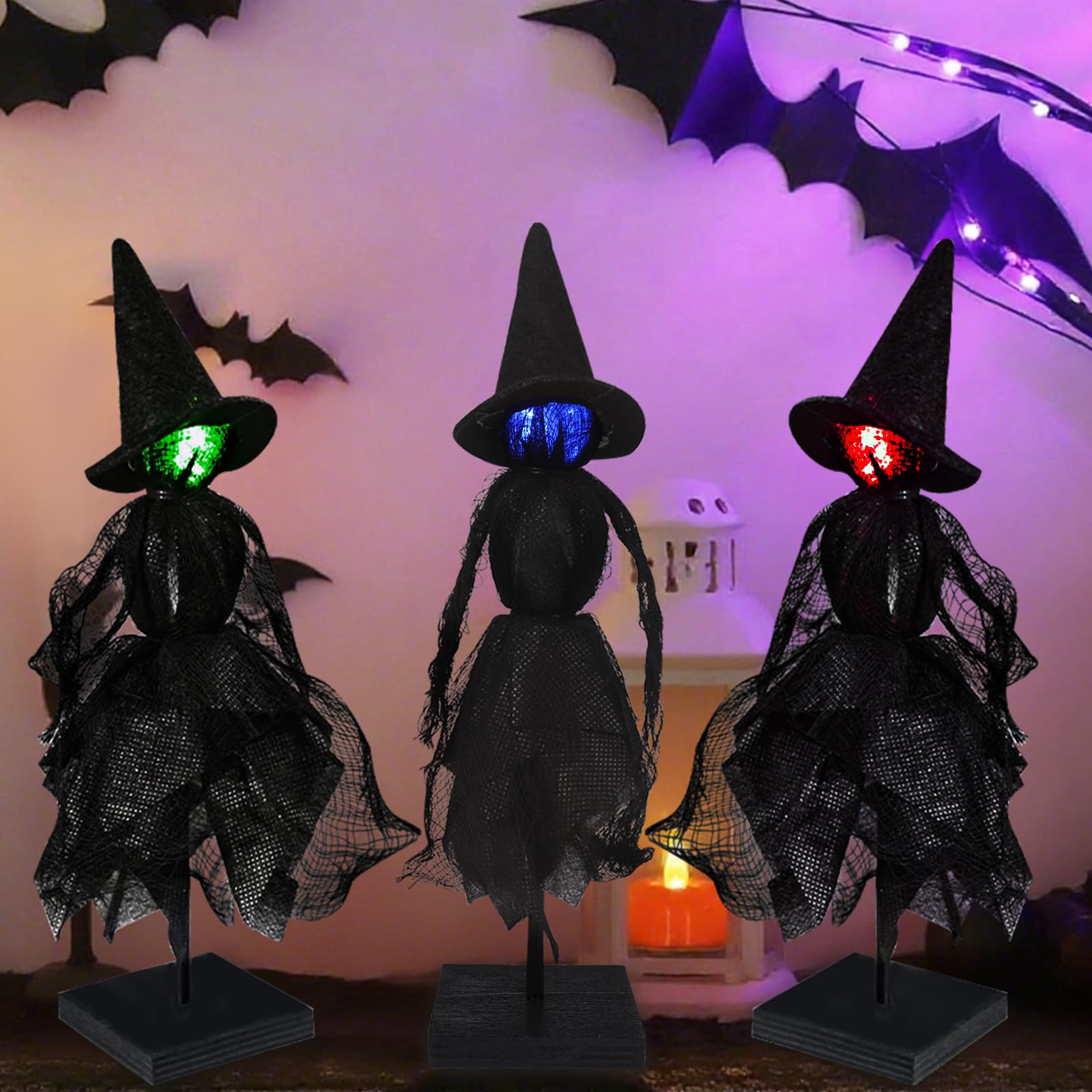 Kit 3 sorcières Halloween bois avec lampes LED multicolores
