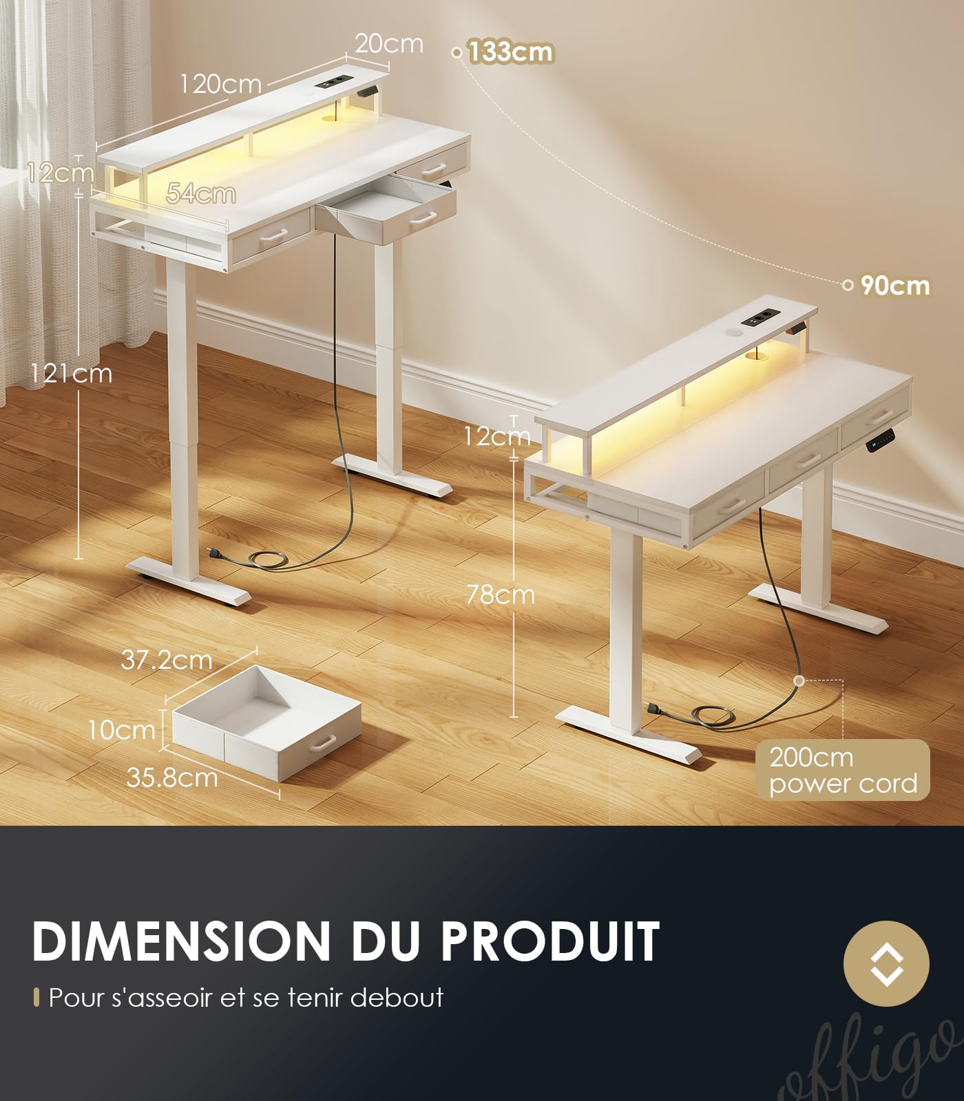 OffiGo Bureau Assis Debout avec 3 Tiroirs, 120cm Bureau Electrique avec Support de Moniteur, Standing Desk avec Chargeur et Lumière LED, Table pour Le Travail, Blanc
