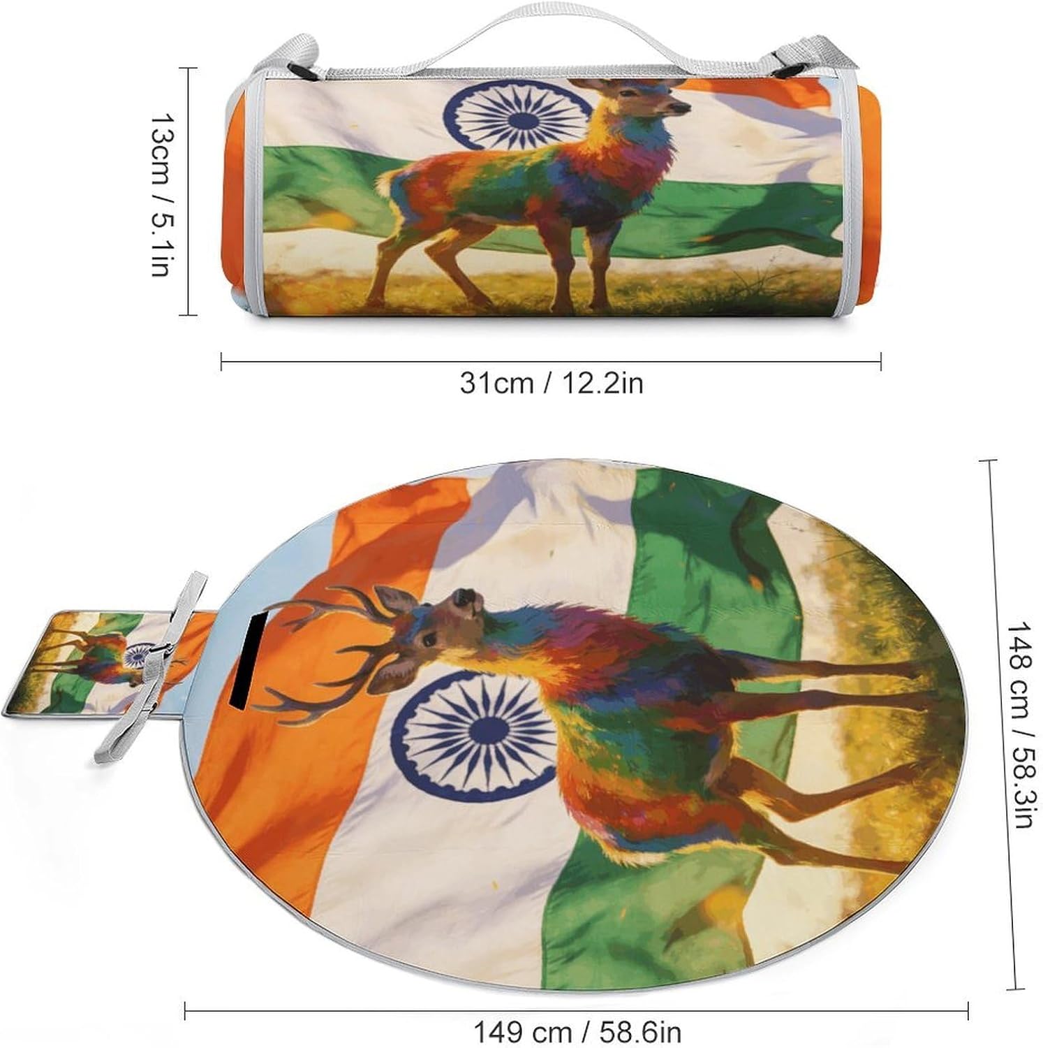 Colorful Deer And National Flag Round Picnic Outdoor Blanket with Carry Strap,Lightweight Folding Portable Travel Blanket Waterproof Sand Proof Camping Blanket for Camping, Beach, Park 58.3"x58.6"
