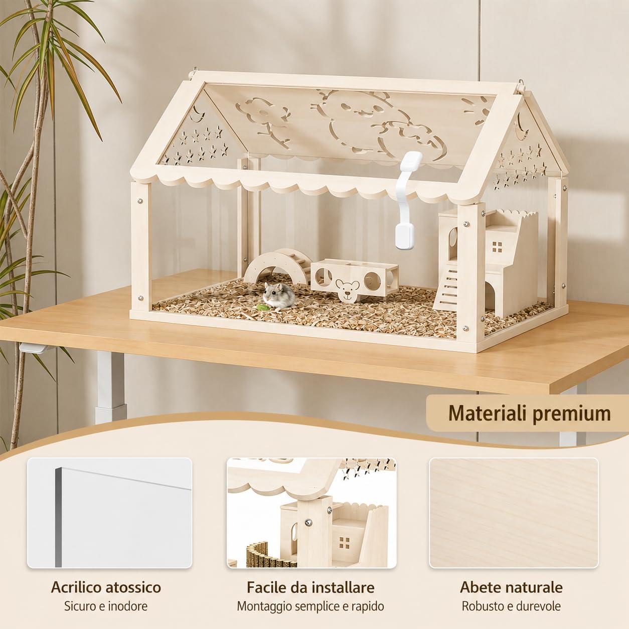Gabbia per Criceti in Legno e Acrilico 60 × 30 × 40 cm, Habitat Trasparente per Criceti Nani e Piccoli Roditori con Coperchio Apribile, Gabbia Ventilata per Topi e Piccoli Animali Domestici