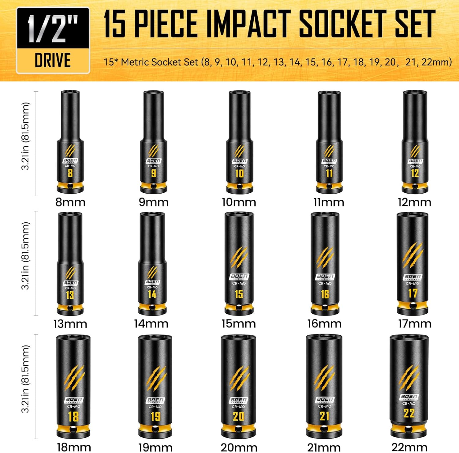 BOEN 15-Piece 1/2" Drive Deep Impact Socket Set, Metric Sockets (8-22mm), 6-Point CR-MO Steel with Deep Embossed and Painted Marking