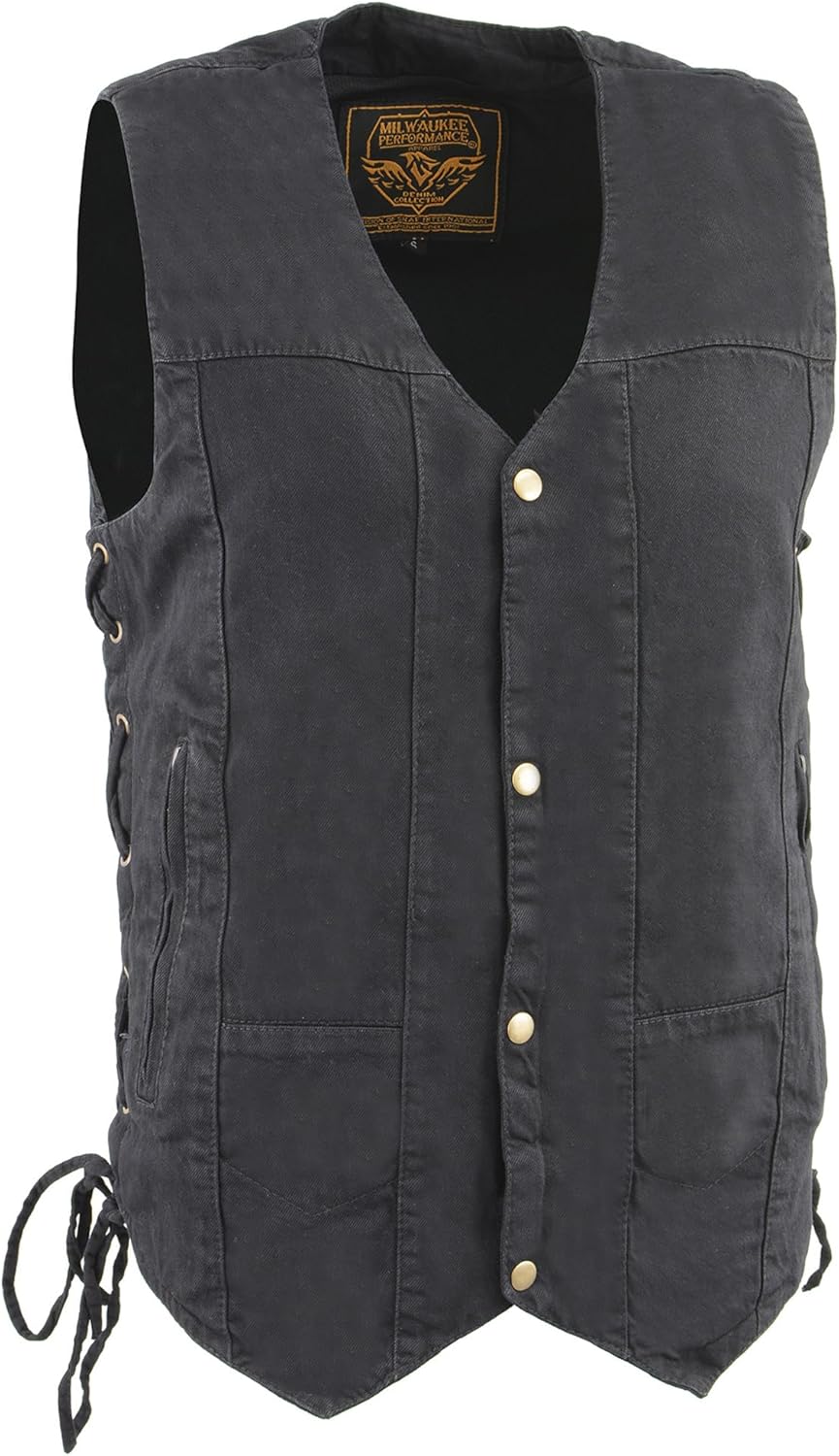 Milwaukee Leather Men's 100% Coton Denim Black 10 Pocket Side Lace Denim Vest DM1990