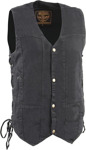 Milwaukee Leather Mens 100% Coton Denim Black 10 Pocket Side Lace Denim Vest DM1990