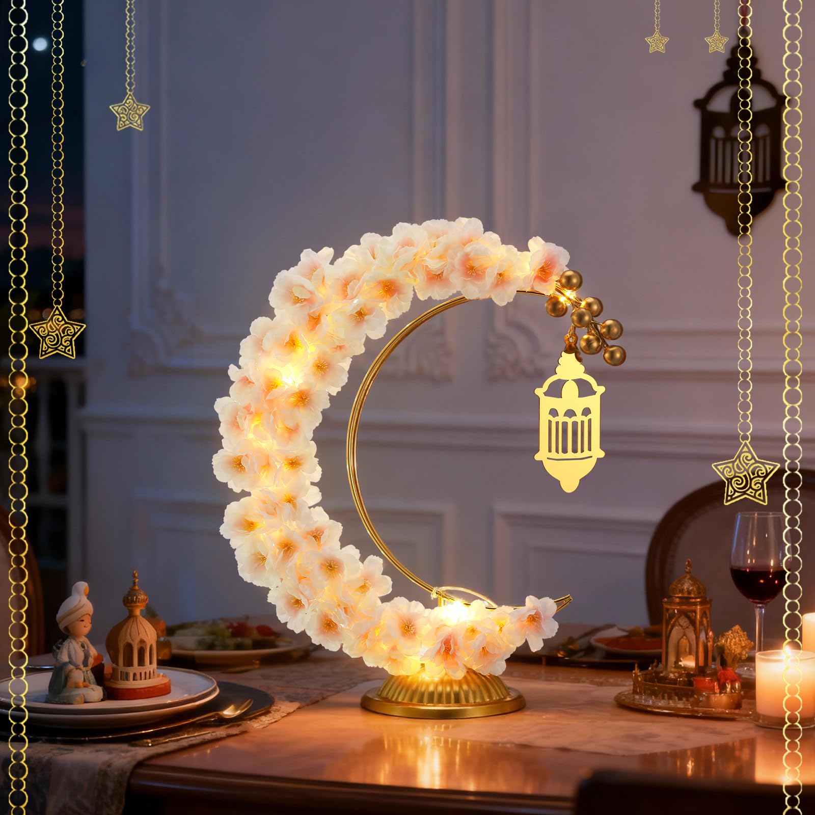 Yookeer Decorazioni per il Ramadan Eid Mubarak, ghirlande illuminate a forma di luna con castello per camino, ufficio, camera da letto, feste, feste musulmane, decorazione da tavolo per la casa