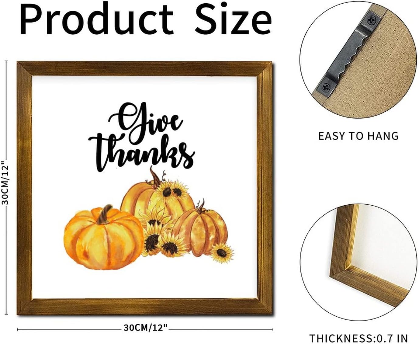 Give Thanks Thanksgiving Day Framed Wooden Sign Pumpkin Maple Leaves Hanging Sign Retro Autumn Harvest Wall Decor Farmhouse Rustic Wooden for Home Living Room Office Entryway 12x12 inch