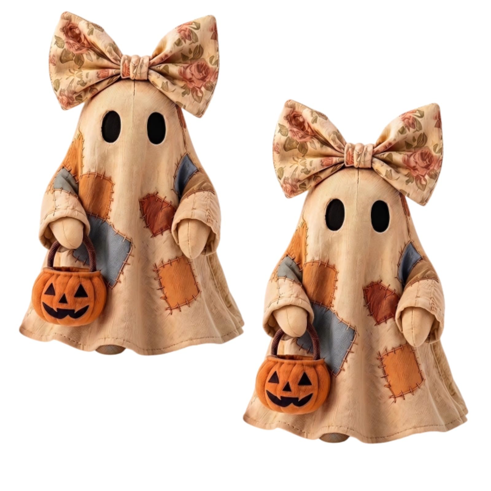 2PCS Lighted Vintage Resin Patchwork Ghost, LED Ghost Tabletop Figurine with Pumpkin Bucket, Vintage Halloween Patchwork Ghosts Lamp Rustic Fall Figurine Decoration for Mantel Shelf Entryway Porch