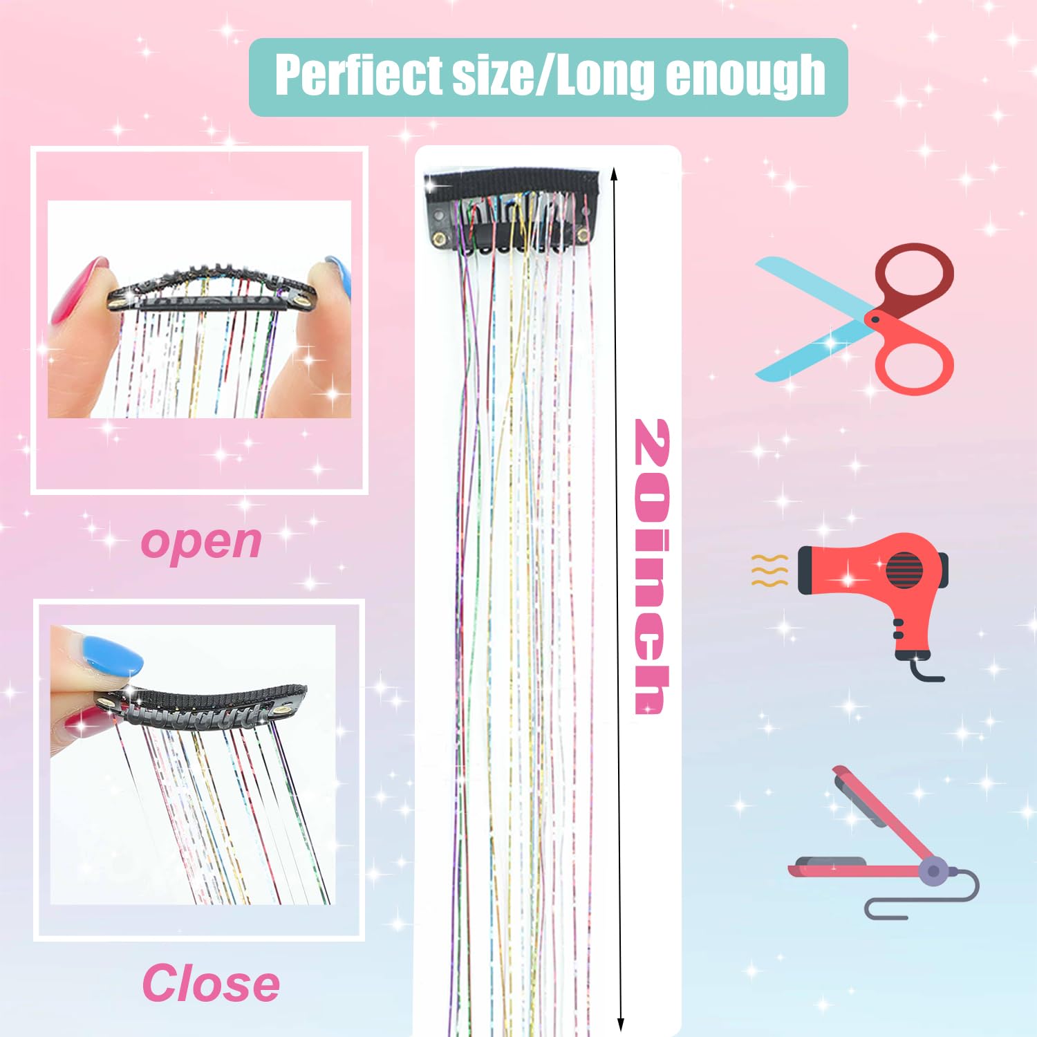 Kit de 18 piezas de oropel con clip, extensiones de cabello de oropel con purpurina de 20 pulgadas, accesorios para el cabello brillante de hada de oropel para mujeres y niñas (colorido) 3