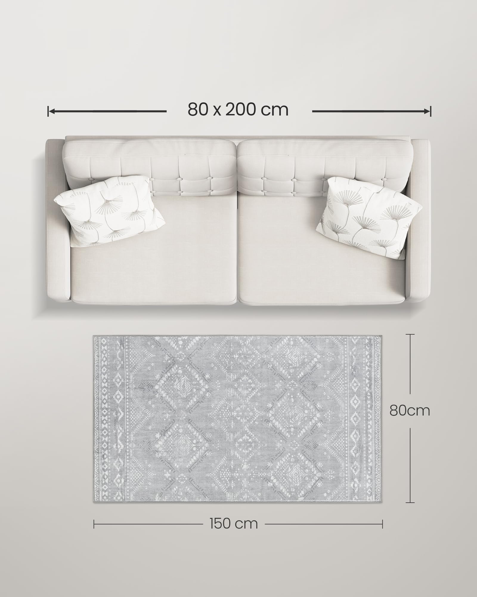 SONGMICS HOME Tappeto per Soggiorno, 80 x 150 cm Tappeto Salotto Antiscivolo, per Soggiorno Camera da Letto Cameretta, Lavabile in Lavatrice, Stile Boho, Grigio Chiaro TAR026G01V1