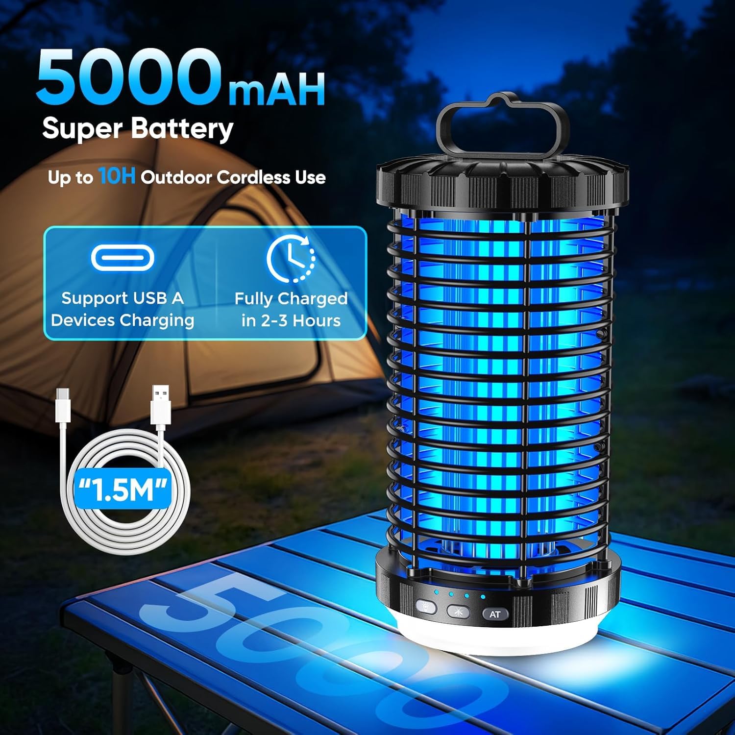 CreateFun Bug Zapper Outdoor 2026 Verbesserter 3-in-1 wiederaufladbarer Insektenvernichter mit 5000 mAh Akku und LED-Nachtlicht, 4000 V, kabellos, wasserdicht, Mückenzapper für draußen, Terrasse