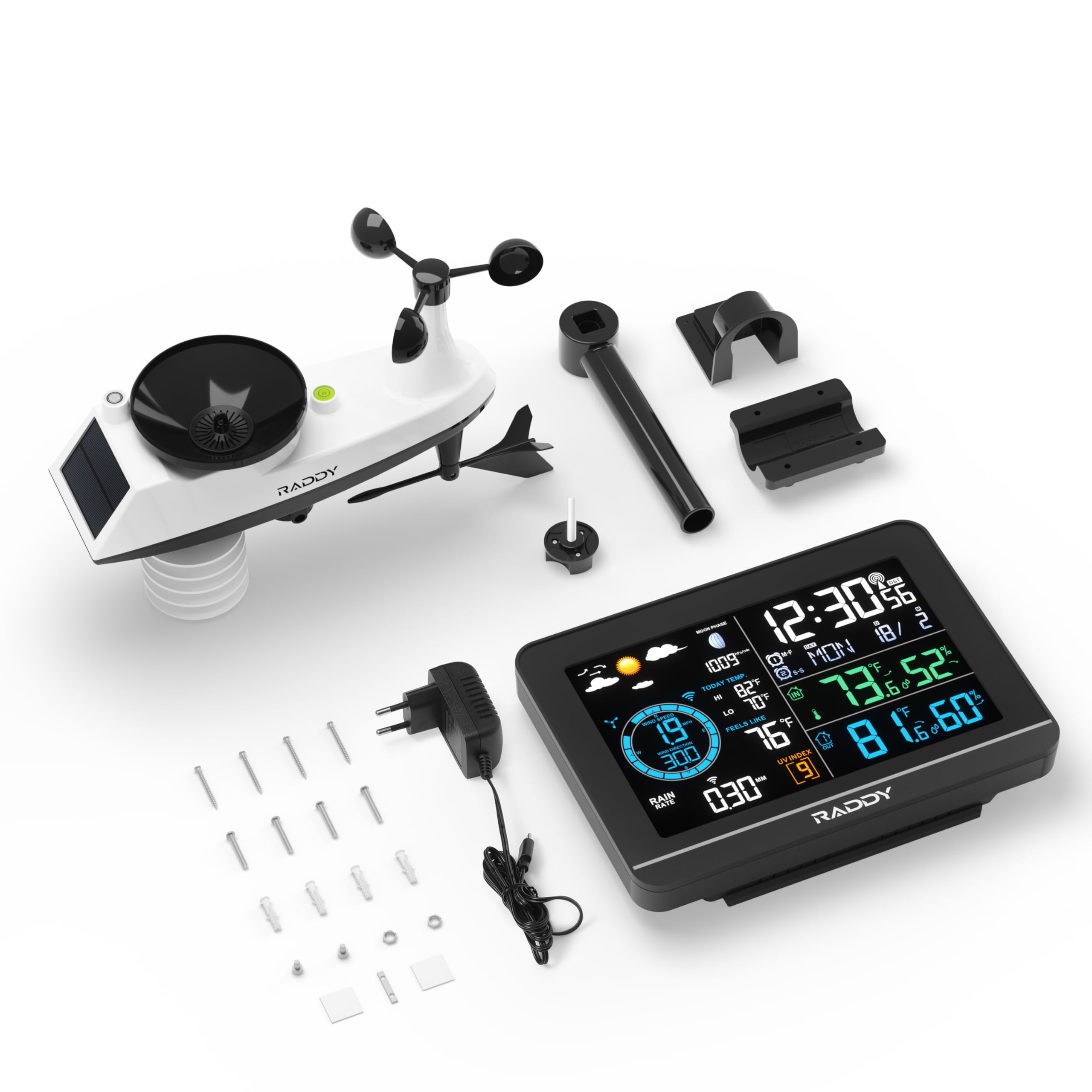 Raddy UV-6 Estación Meteorológica Profesional con Pantalla VA de 6" y Sensor Exterior, Termohigrómetro Inalámbrico Interior/Exterior, Reloj Atómico, Índice UV y Luz, Anemómetro, Pluviómetro