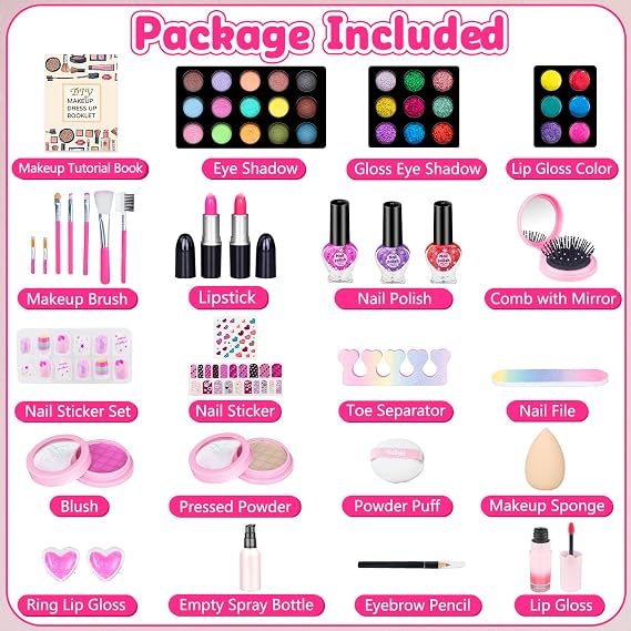 Hollyhi 59 Pcs Kids Makeup Kit for Girl, Washable Play Makeup Toys Set for Dress Up, Pretend Beauty Vanity Set with Cosmetic Case Birthday Toys for Girls 3 4 5 6 7 8 9 10 11 12 Years Old Kids Toddlers