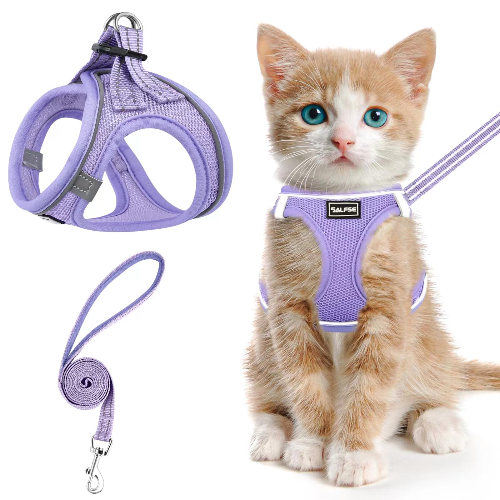 SALFSE Cat Harness and Leash for Walking Escape Proof, Adjustable Kitten Vest Harness Reflective Soft Mesh Puppy Harness for Outdoor, Comfort Fit,