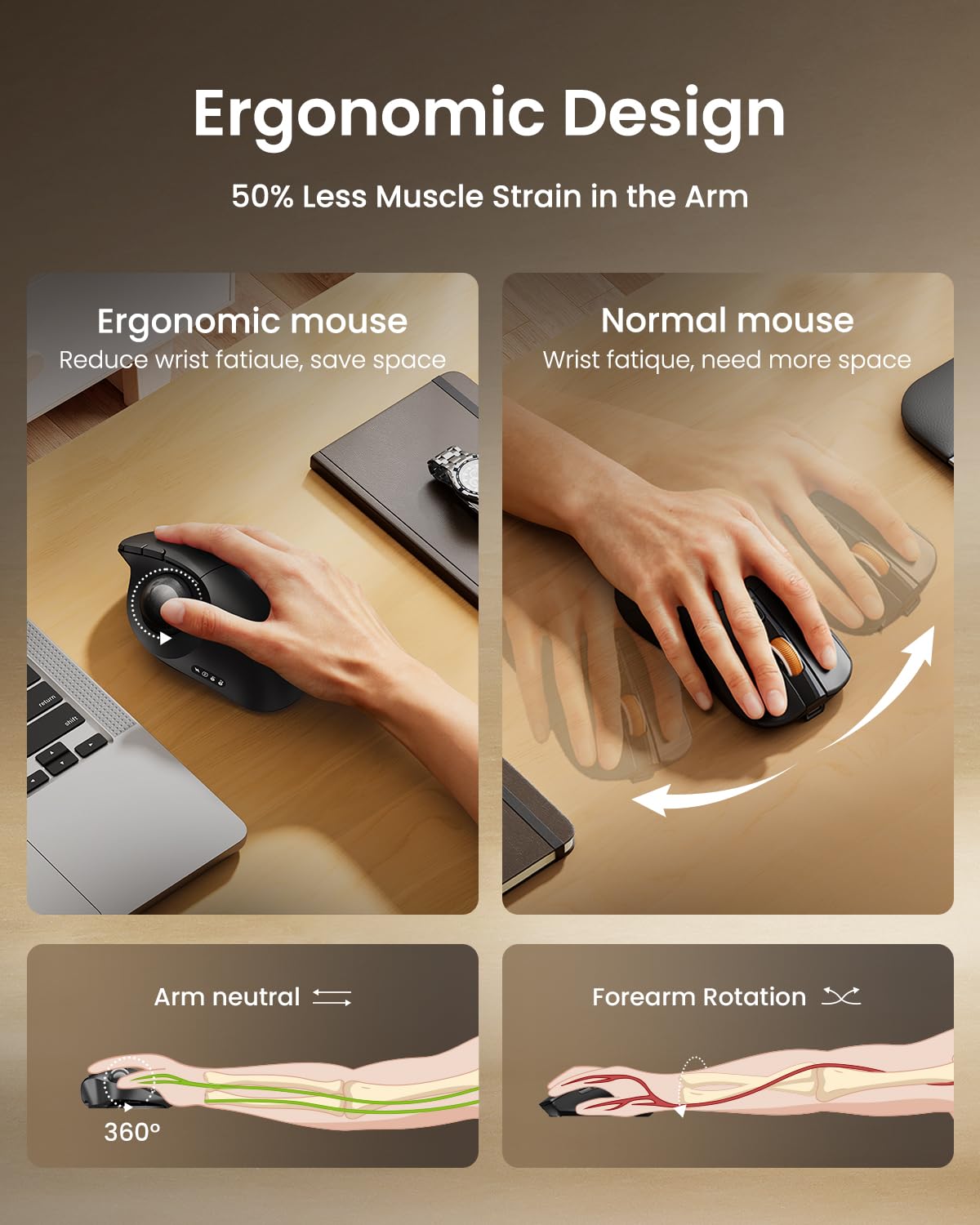ProtoArc Wireless Bluetooth Trackball Mouse, EM02 Two Adjustable Angle Ergonomic Rechargeable Computer Ball Mouse, 3 Device Connection, Thumb Control and Smooth Tracking for Laptop, PC, Mac-Gray — view 7