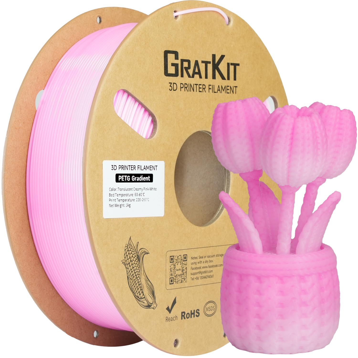 GratKit Gradient PETG Filament, 1.75mm, 1kg, Translucent Creamy Pink White