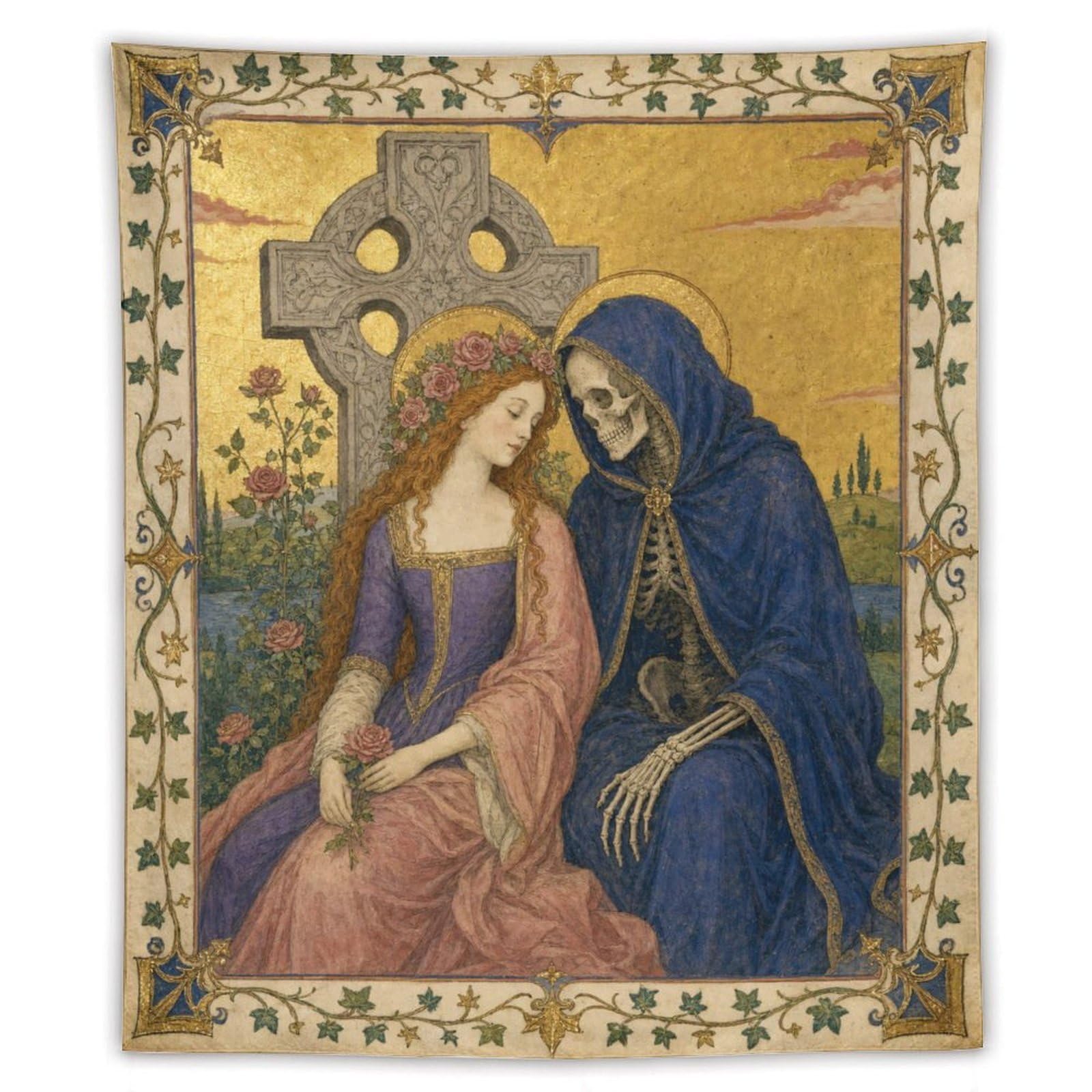 H3B8U2Y5 Woman and Skeleton Wall Tapestry, Fantasy Illustration Style