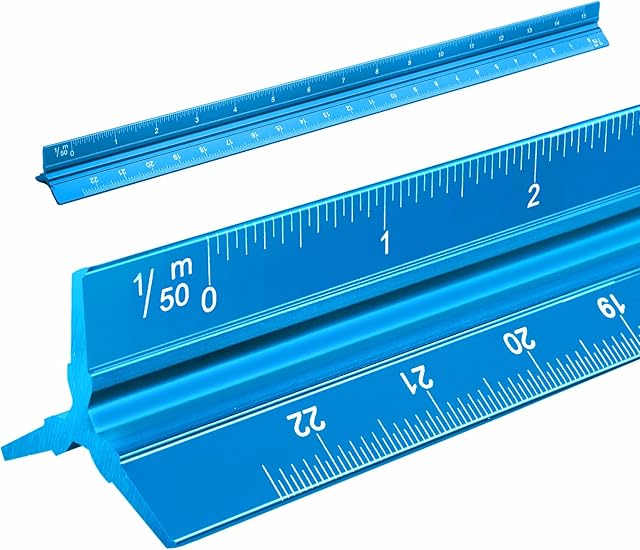 Metal Scale Ruler, 30cm Triangular Scale Rulers for Architects Engineers, Metric Ruler for 1:20, 1:25, 1:50, 1:75, 1:100, 1:125(Blue)