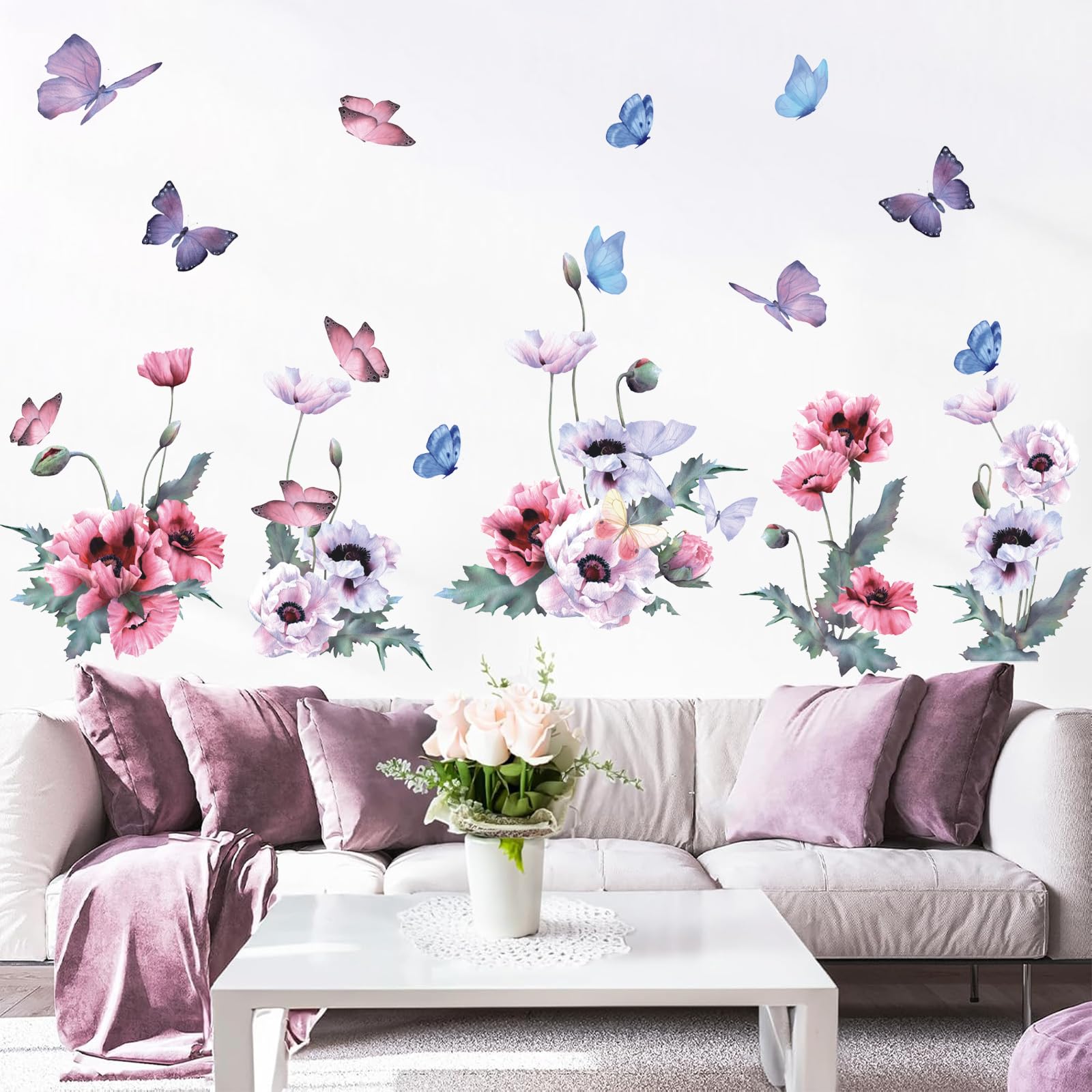 ANHUIB Flower Wall Stickers Butterfly Wall Decal Garden Flowers Wall Decals Stickers Colorful Wildflower Butterflies Plants Decals for Bedrooms Living Room Nursery Home Office Sofa Decorations