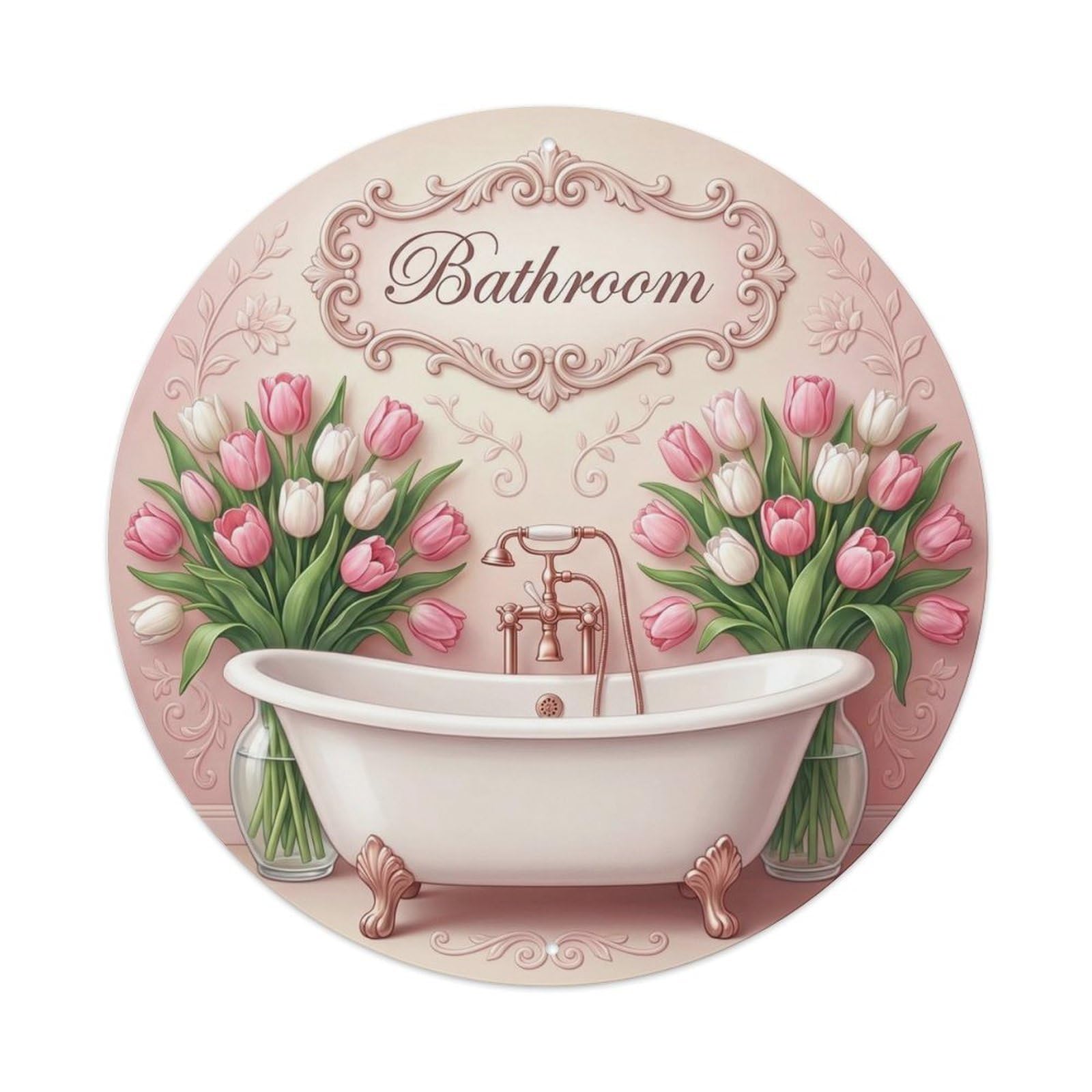 Yrnq Vintage Style Bathroom Tulip Floral Round Decor 1 Vintage Metal Tin Sign Plaque Wall Decor For Cafe, Club, Garden Round Metal Poster 8X8inch