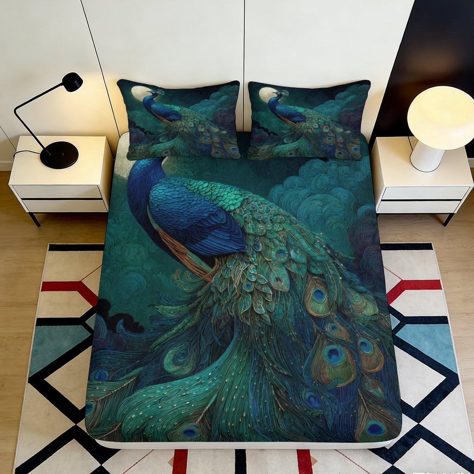 3D Printed Peacock Art Fitted Sheet Microfiber Soft Teal Feather Mattress Cover for Bedroom Guest Room Decor 180x200x25cm