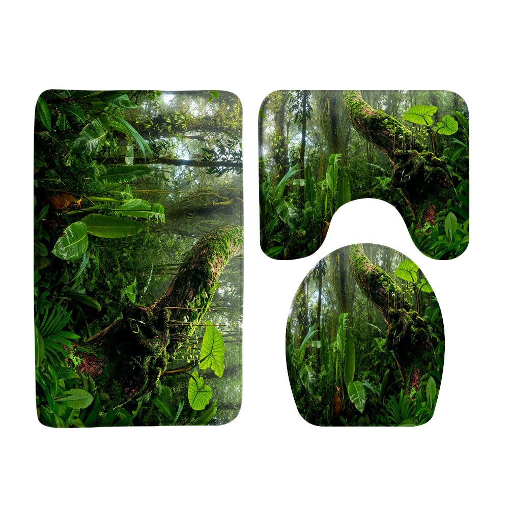 VPUPCN Tropical Rainforest 3 Pcs Bath Rugs Set,Green Palm Plnat Nature Jungle Landscape Lush Tree Forest Botanical Bathroom Kitchen Rug with 17.8