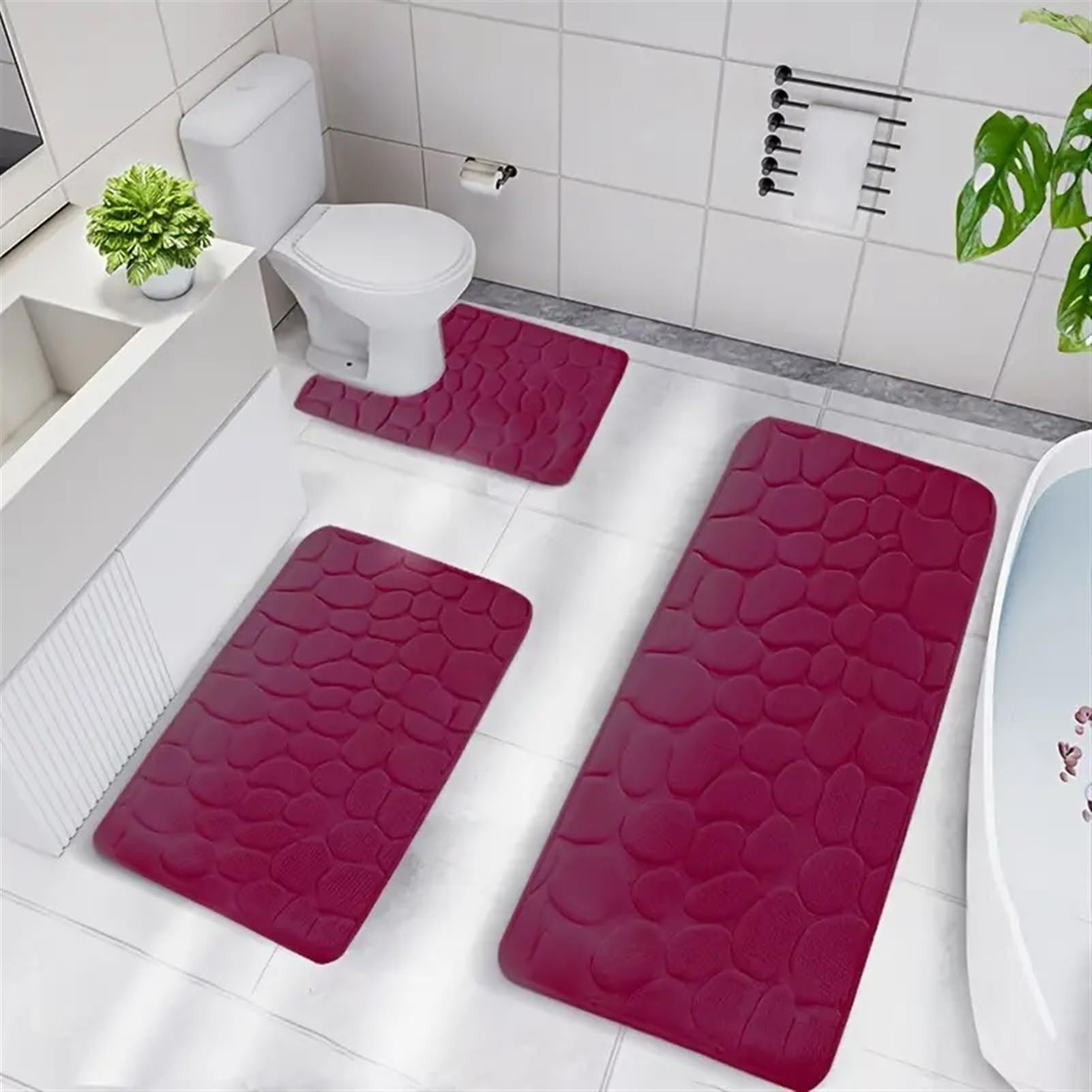 BESTORI Memory Foam Bath Mat Set 3 Pieces Non Slip Absorbent Bathroom Rugs Ultra Soft Machine Washable PVC Backing Toilet Mat Red