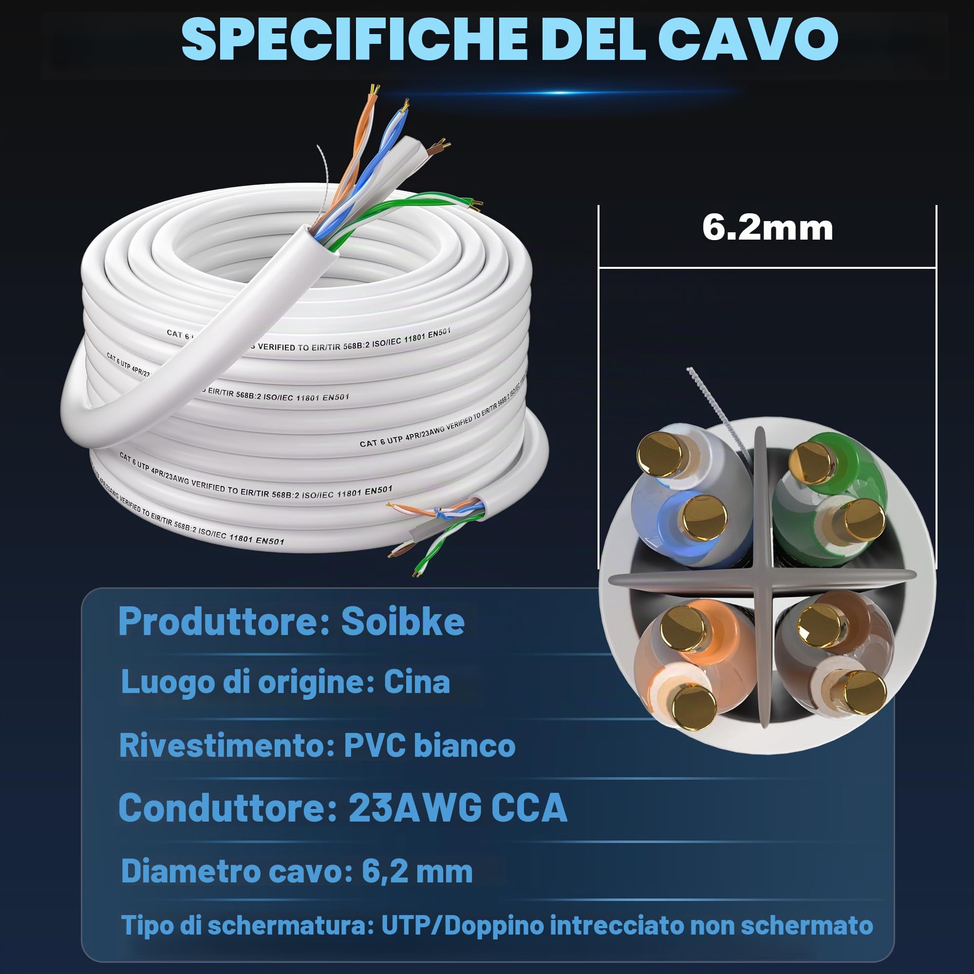 Soibke Cavo Ethernet 80 Metri, Bobina Cat 6 Cavo di Rete Alta Velocità | Cavo LAN 80m Lungo per Esterno 1000 Mbit/s, RJ45 Gigabit Cavo di Installazione UTP 23AWG Impermeabile Cavo Internet Bianco