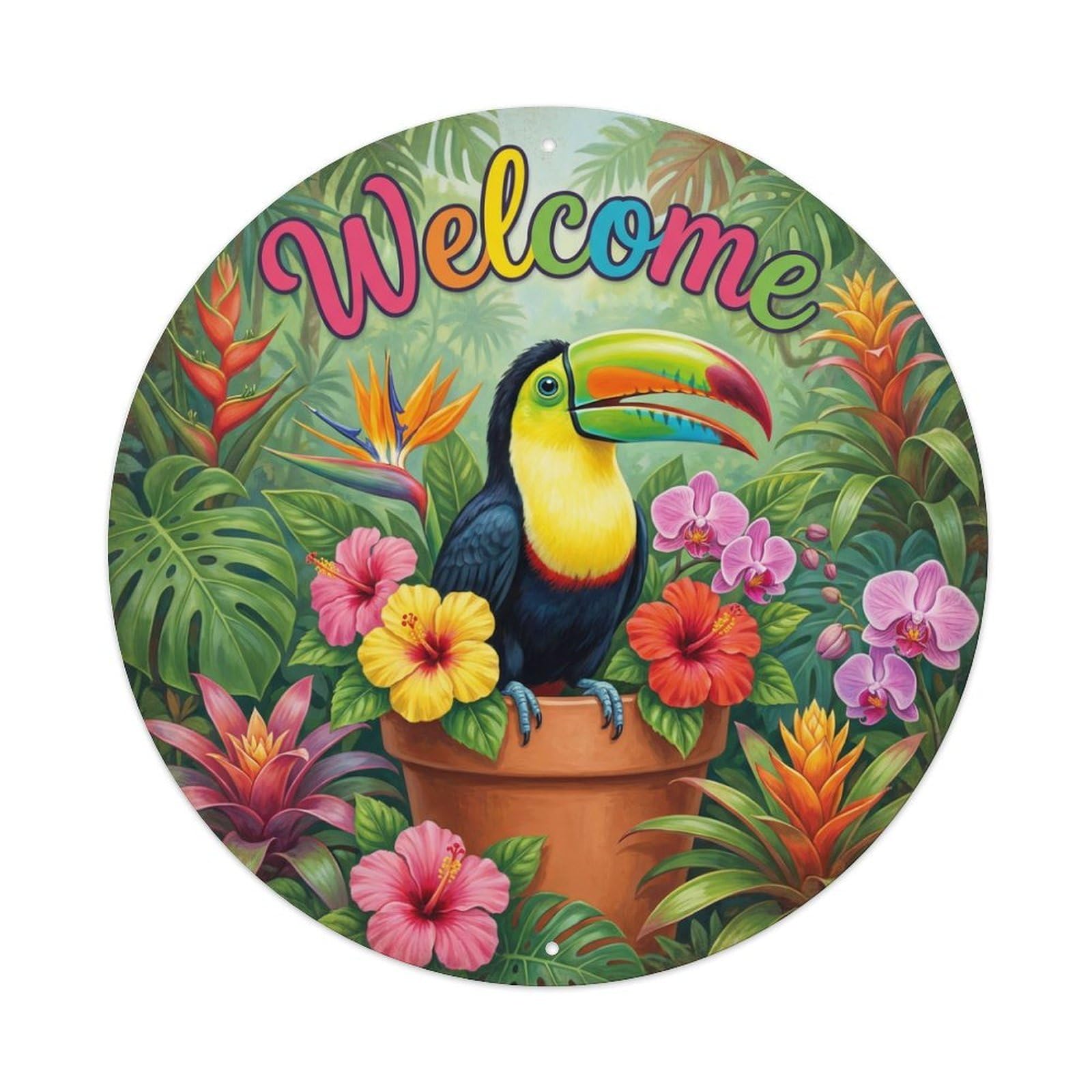 Welcome Toucan Jungle Flower Metal Tin Sign